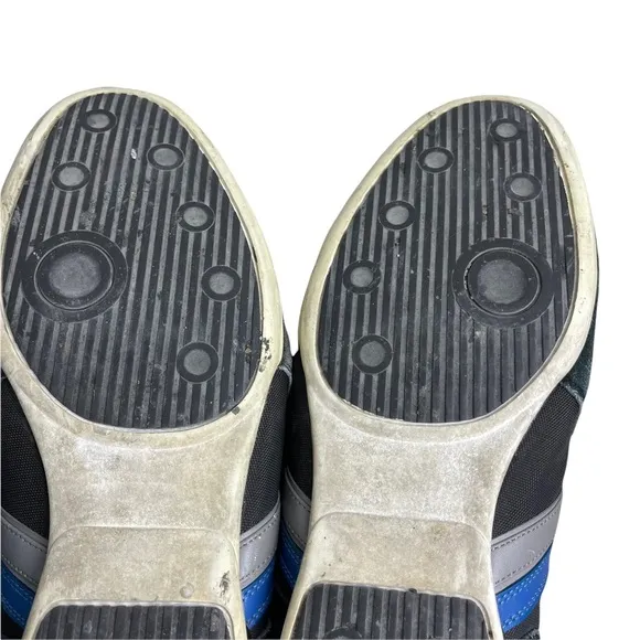 HUGO BOSS Men's Black Leather 'Spacit' Lace Up Sneakers Blue/Gray Stripe Size 46