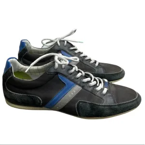 HUGO BOSS Men's Black Leather 'Spacit' Lace Up Sneakers Blue/Gray Stripe Size 46