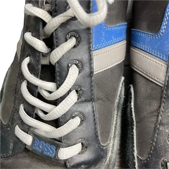 HUGO BOSS Men's Black Leather 'Spacit' Lace Up Sneakers Blue/Gray Stripe Size 46