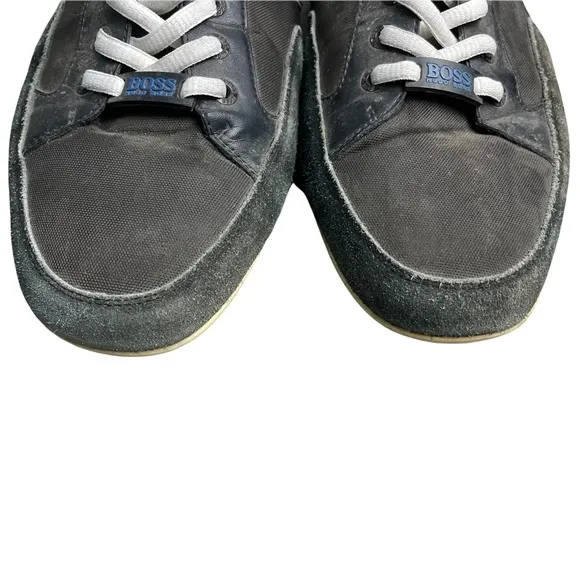 HUGO BOSS Men's Black Leather 'Spacit' Lace Up Sneakers Blue/Gray Stripe Size 46