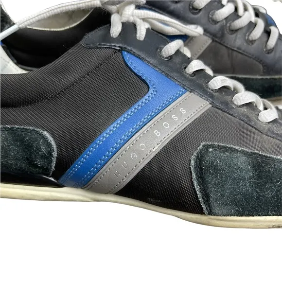 HUGO BOSS Men's Black Leather 'Spacit' Lace Up Sneakers Blue/Gray Stripe Size 46