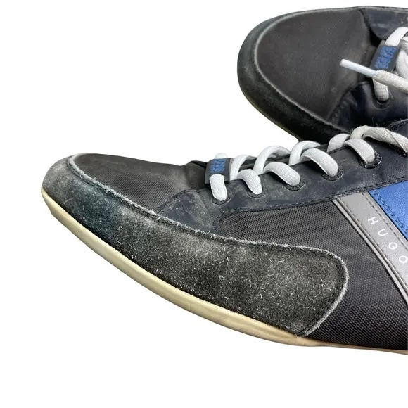 HUGO BOSS Men's Black Leather 'Spacit' Lace Up Sneakers Blue/Gray Stripe Size 46