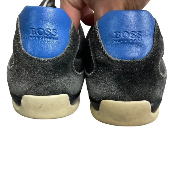 HUGO BOSS Men's Black Leather 'Spacit' Lace Up Sneakers Blue/Gray Stripe Size 46