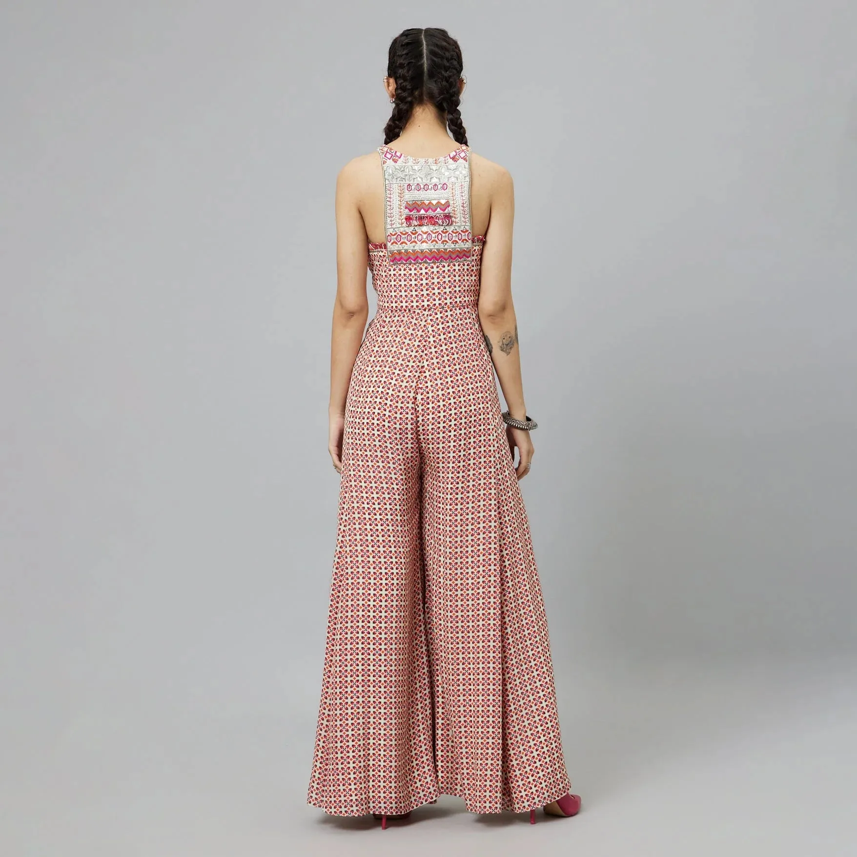 IVORY GEOMETRIC PRINT PRINT YOKE STYLE JUMPSUIT