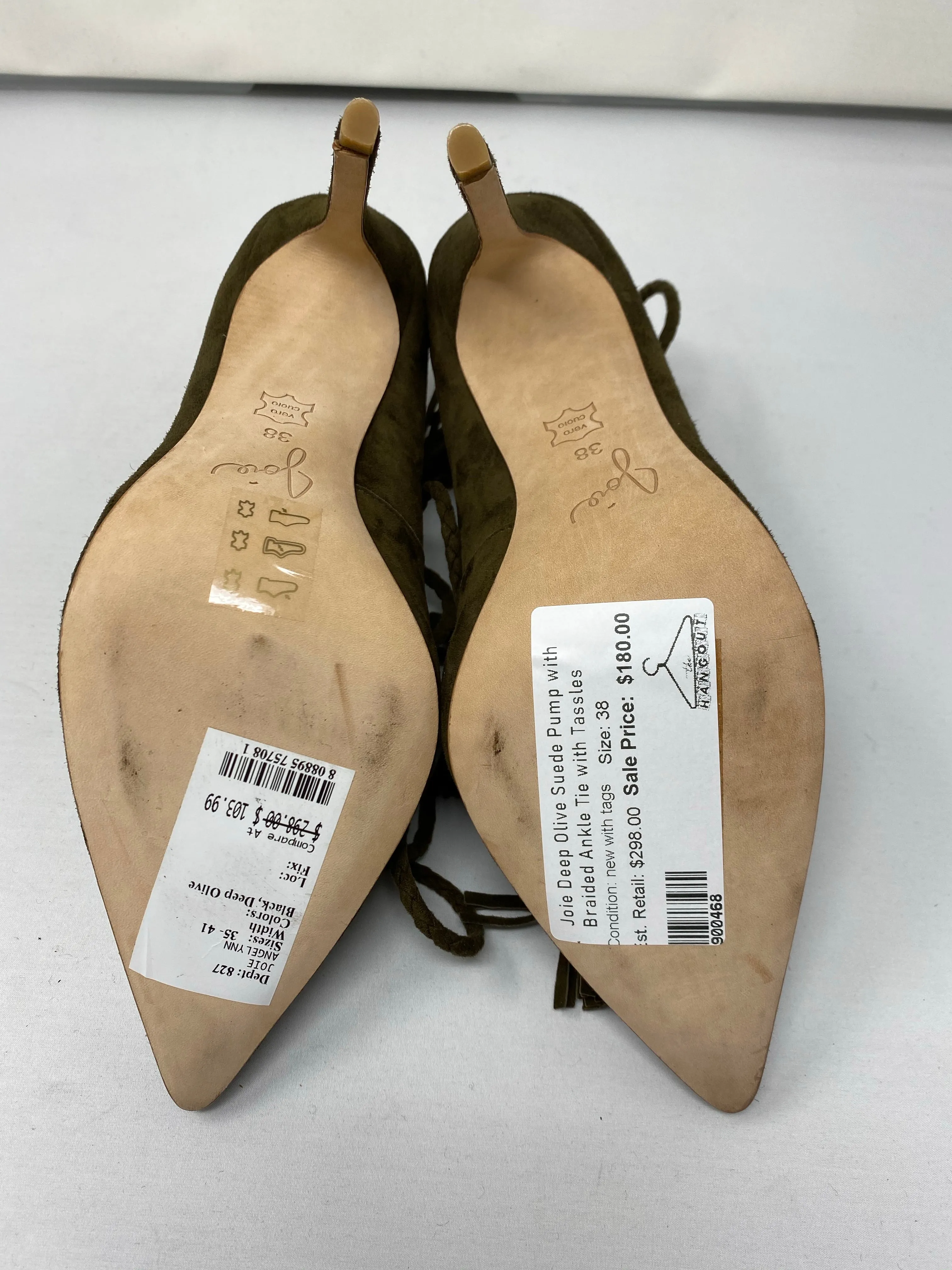 Joie Deep Olive Suede Pump with Braided Ankle Tie with Tassels