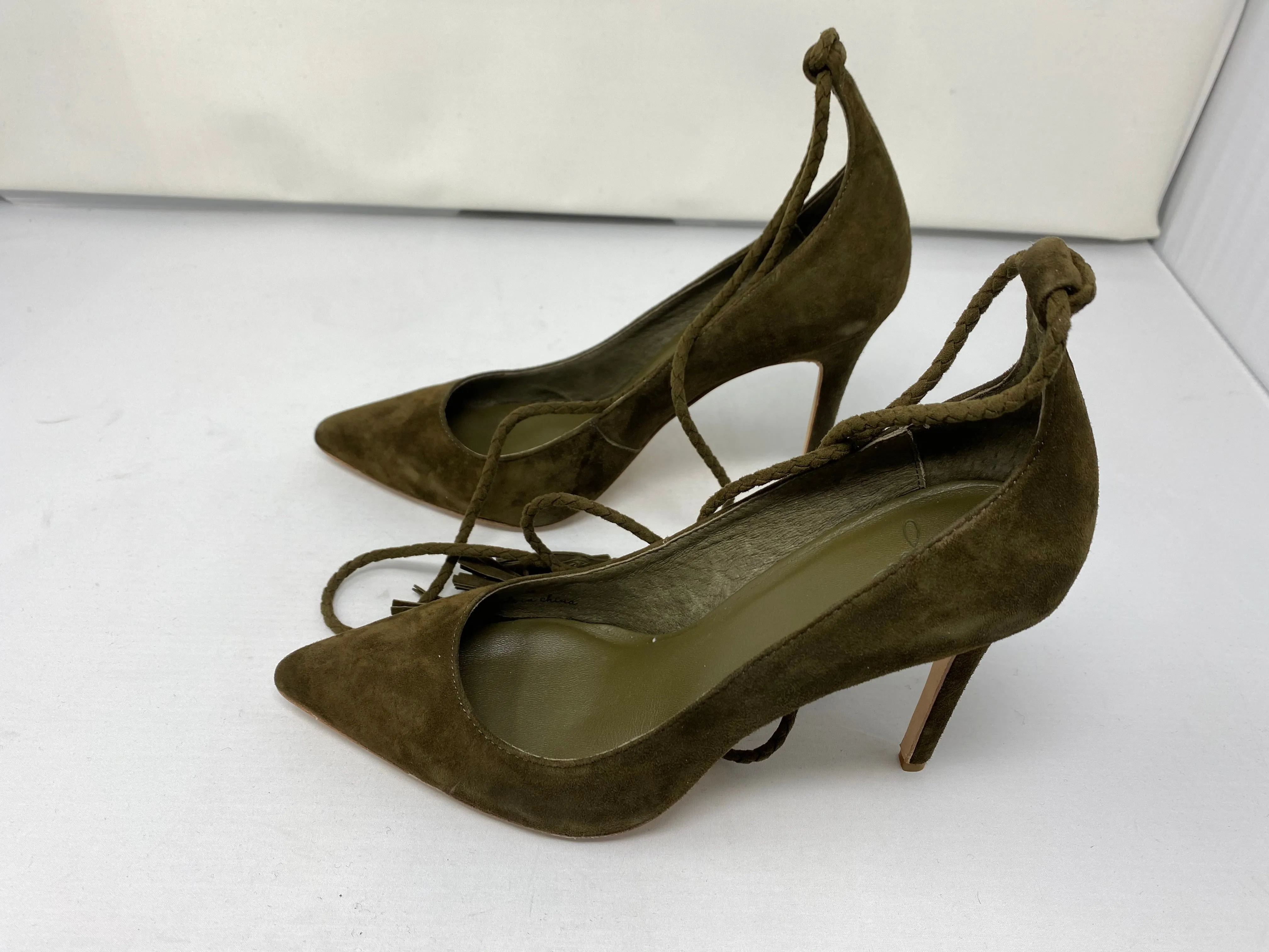 Joie Deep Olive Suede Pump with Braided Ankle Tie with Tassels