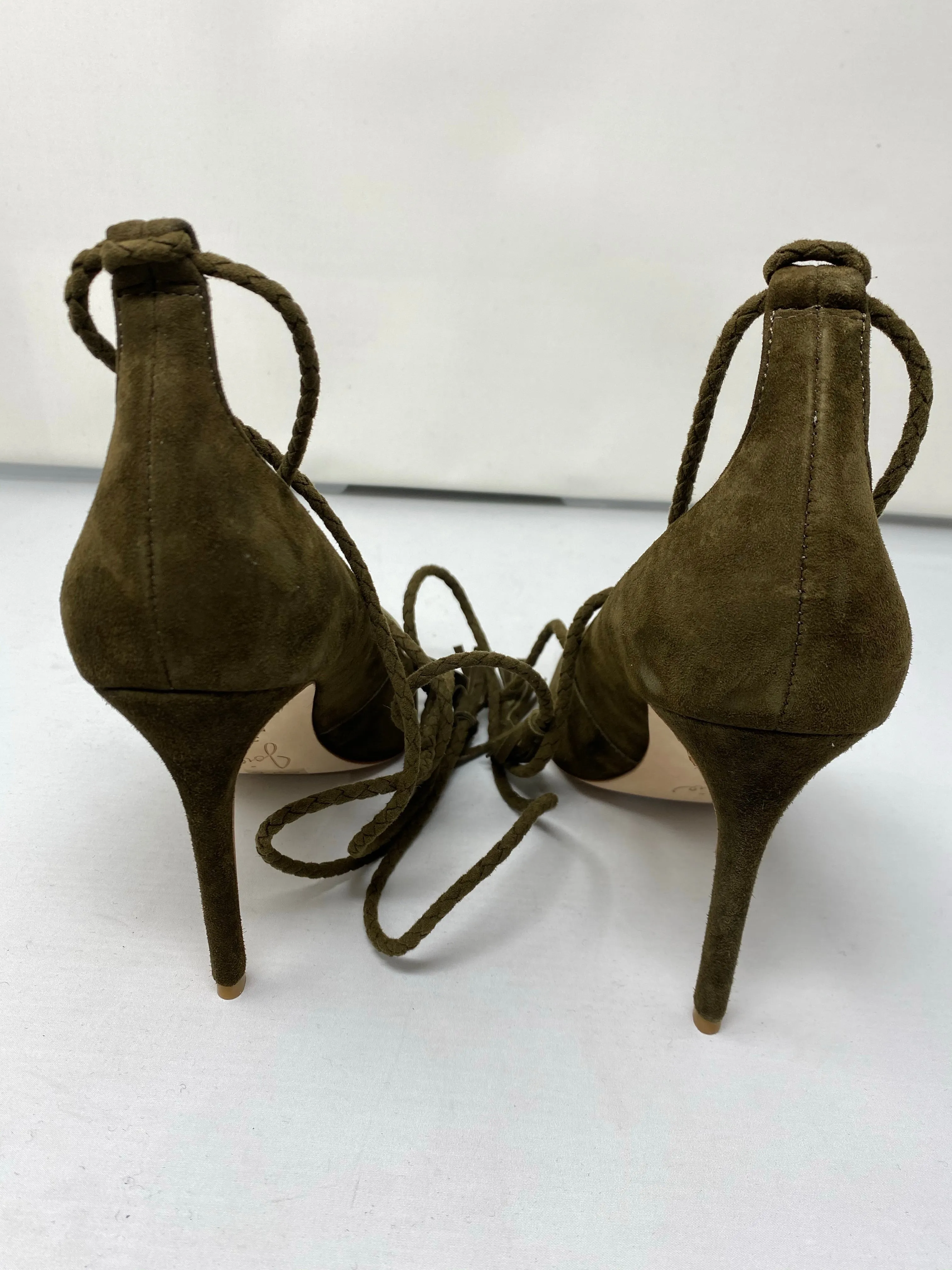 Joie Deep Olive Suede Pump with Braided Ankle Tie with Tassels