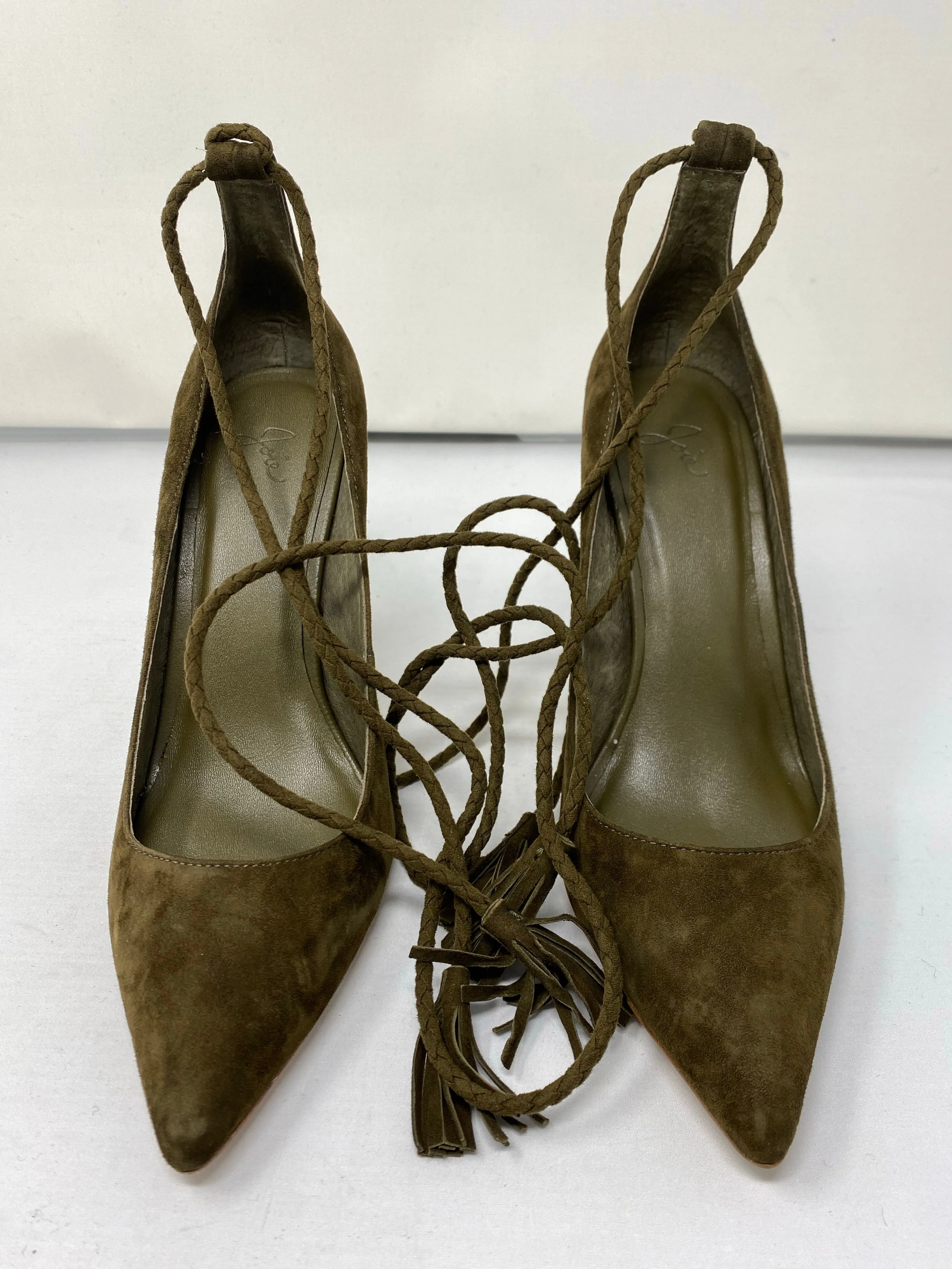 Joie Deep Olive Suede Pump with Braided Ankle Tie with Tassels