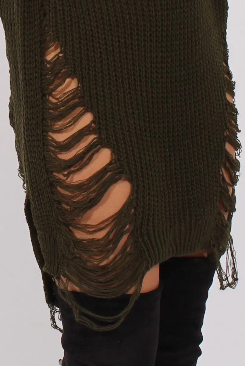 Khaki Distressed Jumper Dress - Kim