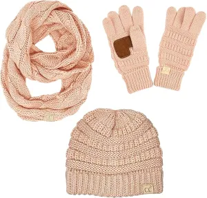 Kids 3 Pack Matching Set: Beanie, Infinity Scarf & Gloves - Indi Pink
