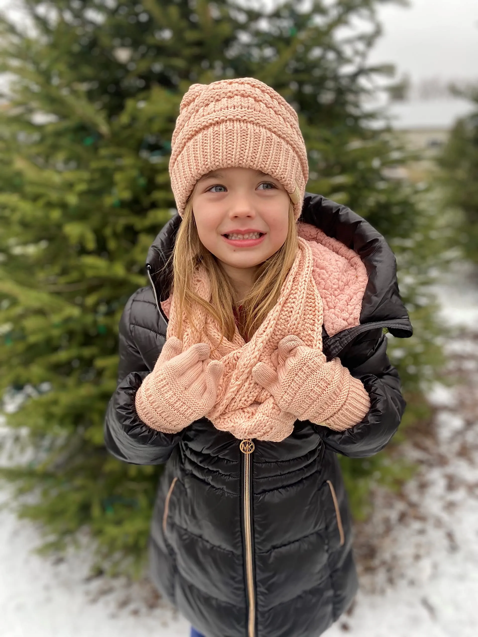 Kids 3 Pack Matching Set: Beanie, Infinity Scarf & Gloves - Indi Pink