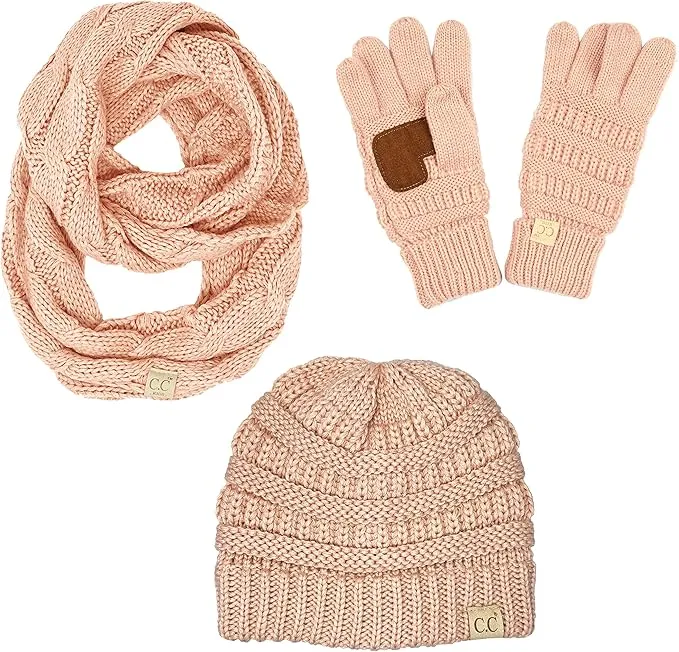 Kids 3 Pack Matching Set: Beanie, Infinity Scarf & Gloves - Indi Pink