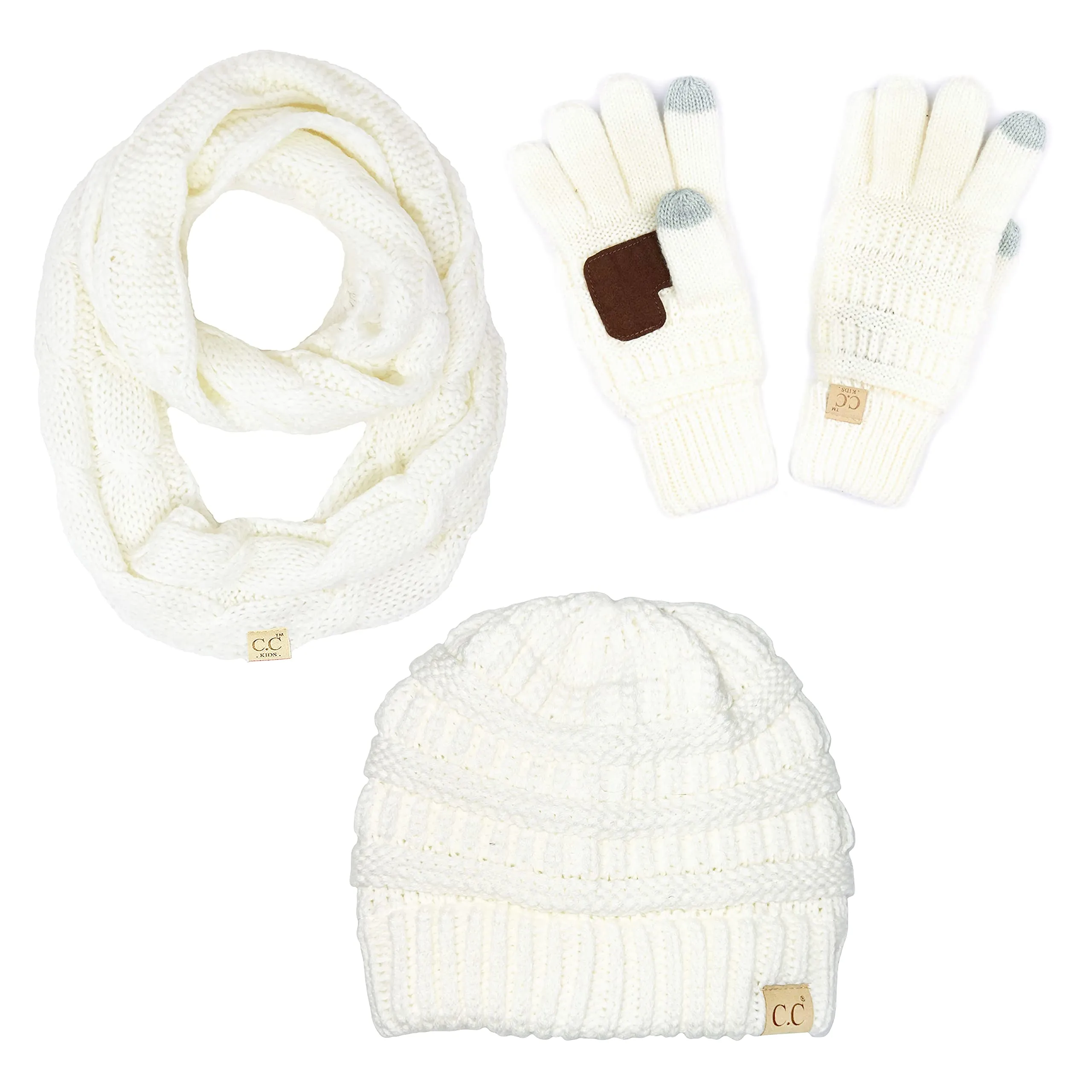 Kids 3 Pack Matching Set: Beanie, Infinity Scarf & Gloves - Ivory