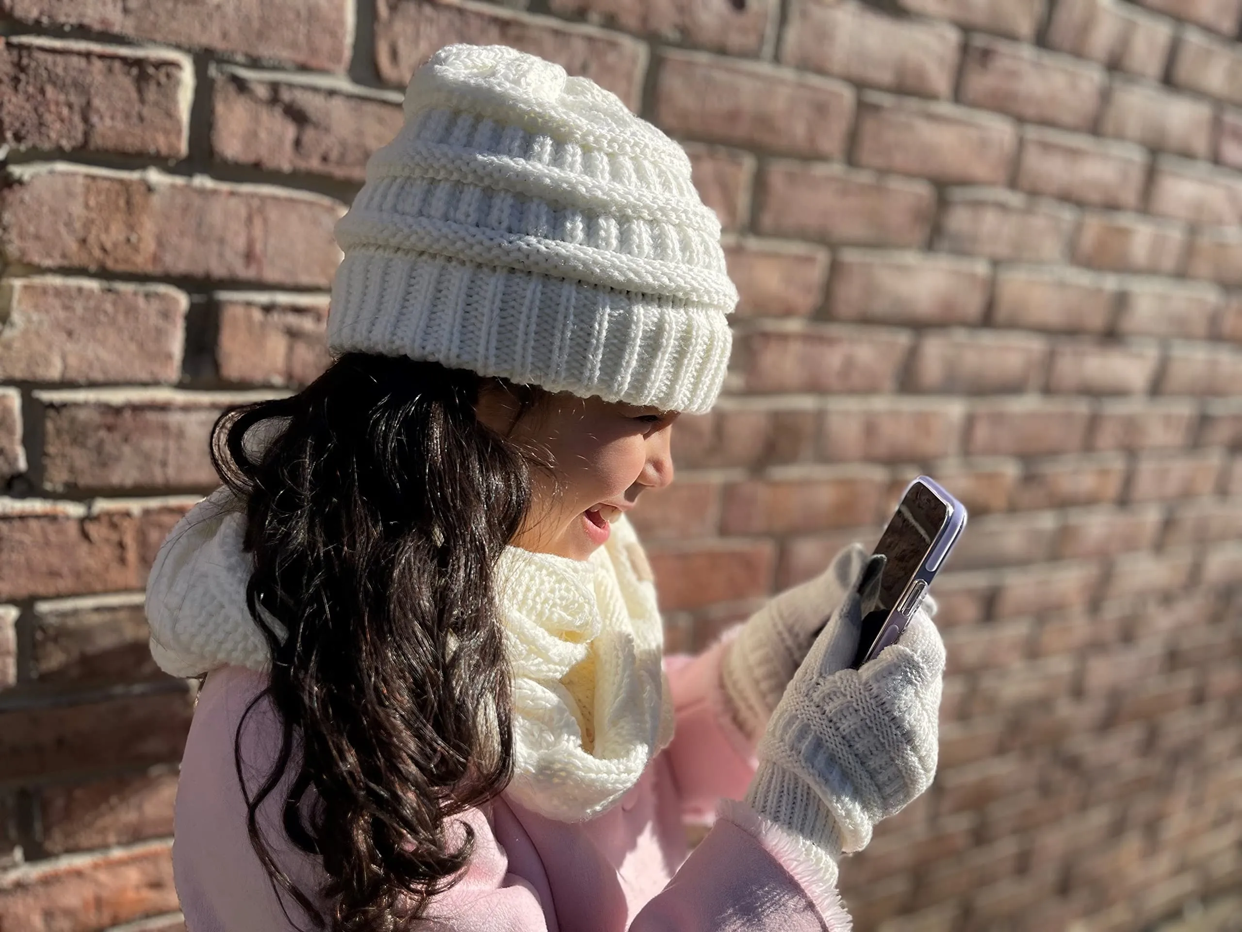 Kids 3 Pack Matching Set: Beanie, Infinity Scarf & Gloves - Ivory