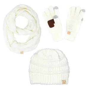 Kids 3 Pack Matching Set: Beanie, Infinity Scarf & Gloves - Ivory