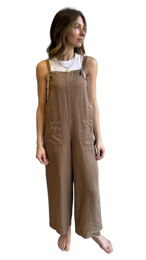 Linen ISABEL tie-strap jumpsuit in bark