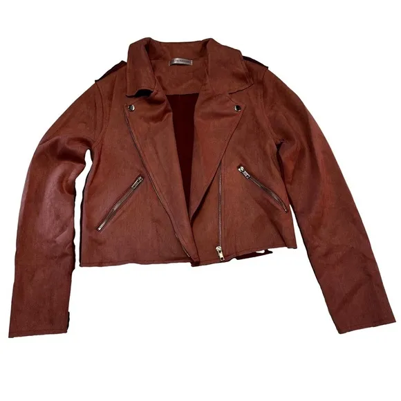 Lisa Robertson  Size Small Brown Faux Suede  Moto Jacket Coat Snaps Zippers NEW