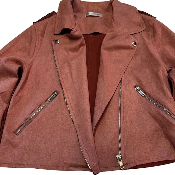 Lisa Robertson  Size Small Brown Faux Suede  Moto Jacket Coat Snaps Zippers NEW