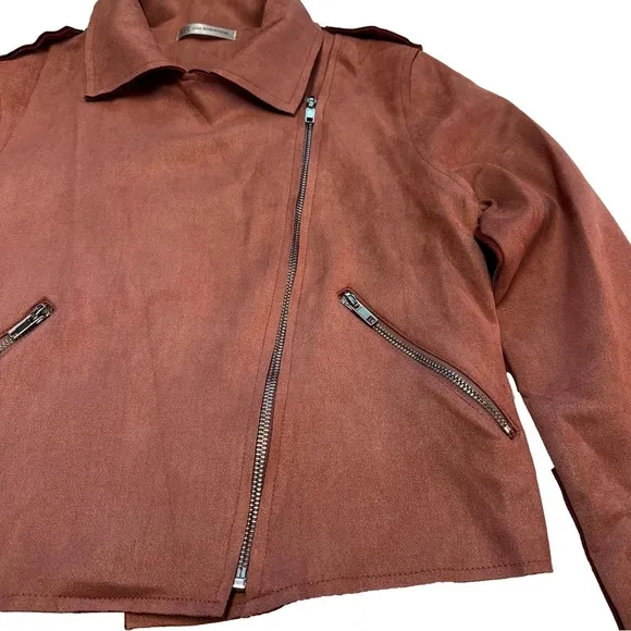 Lisa Robertson  Size Small Brown Faux Suede  Moto Jacket Coat Snaps Zippers NEW
