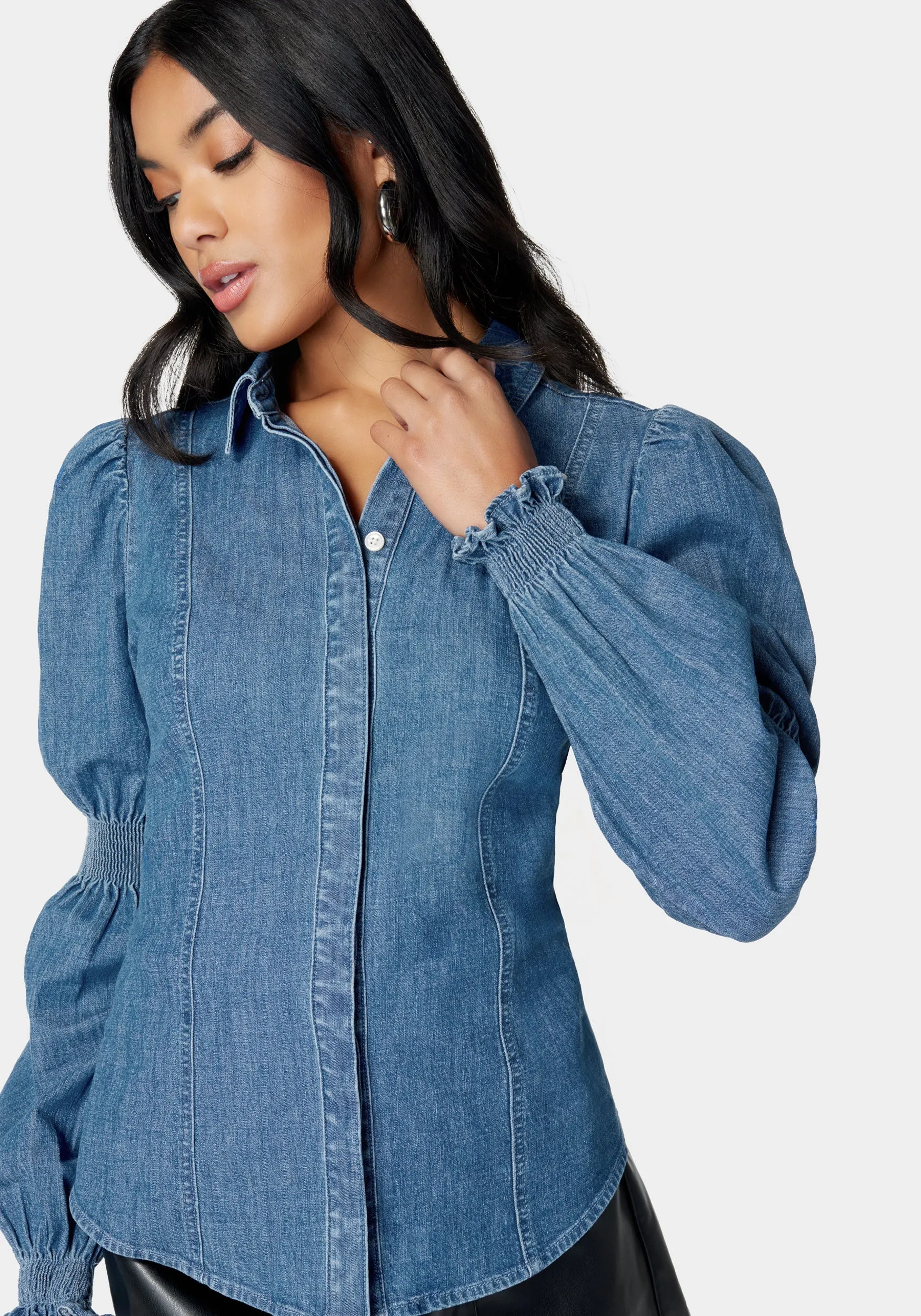 Long Sleeve Smocking Detail Denim Blouse