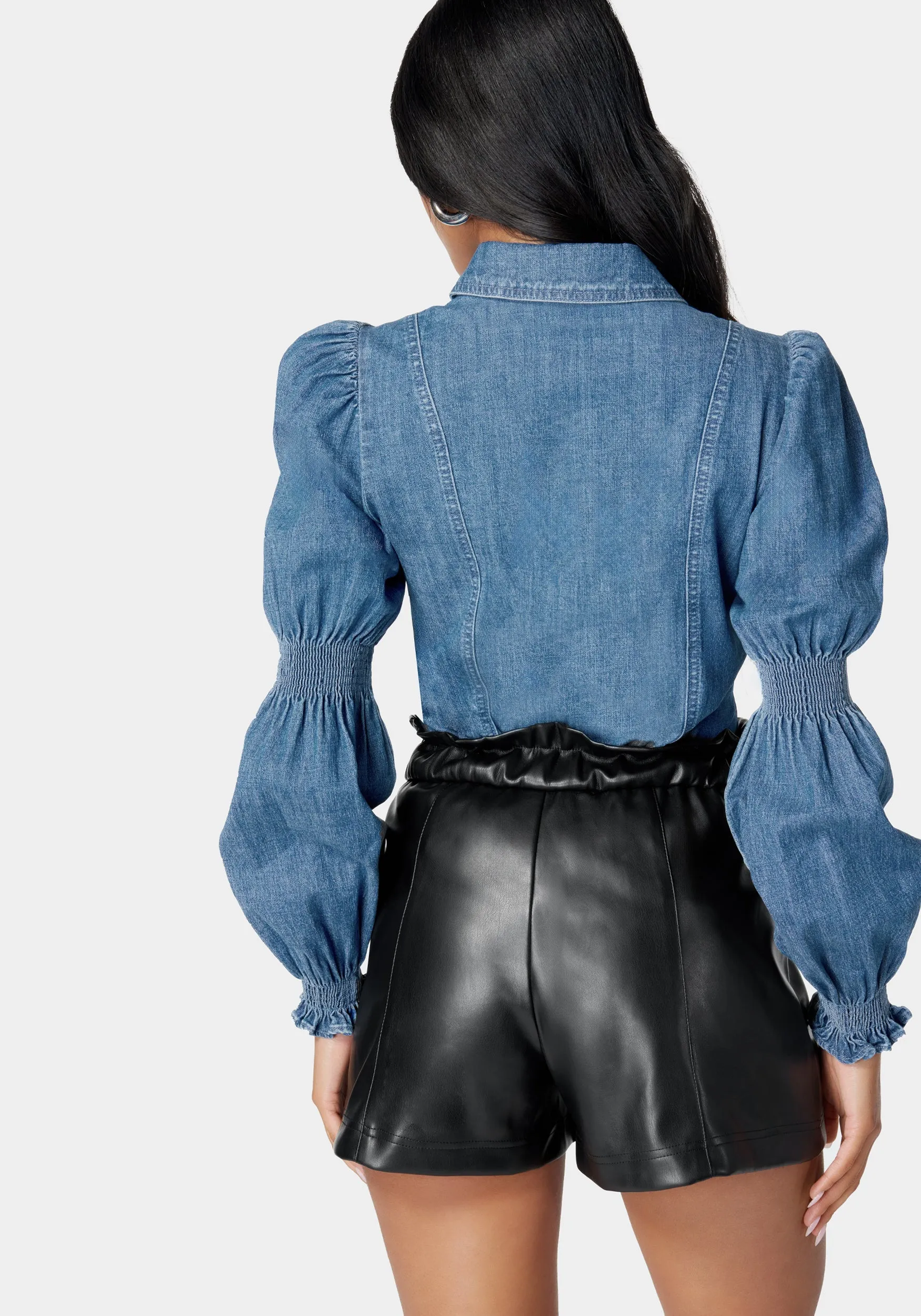 Long Sleeve Smocking Detail Denim Blouse