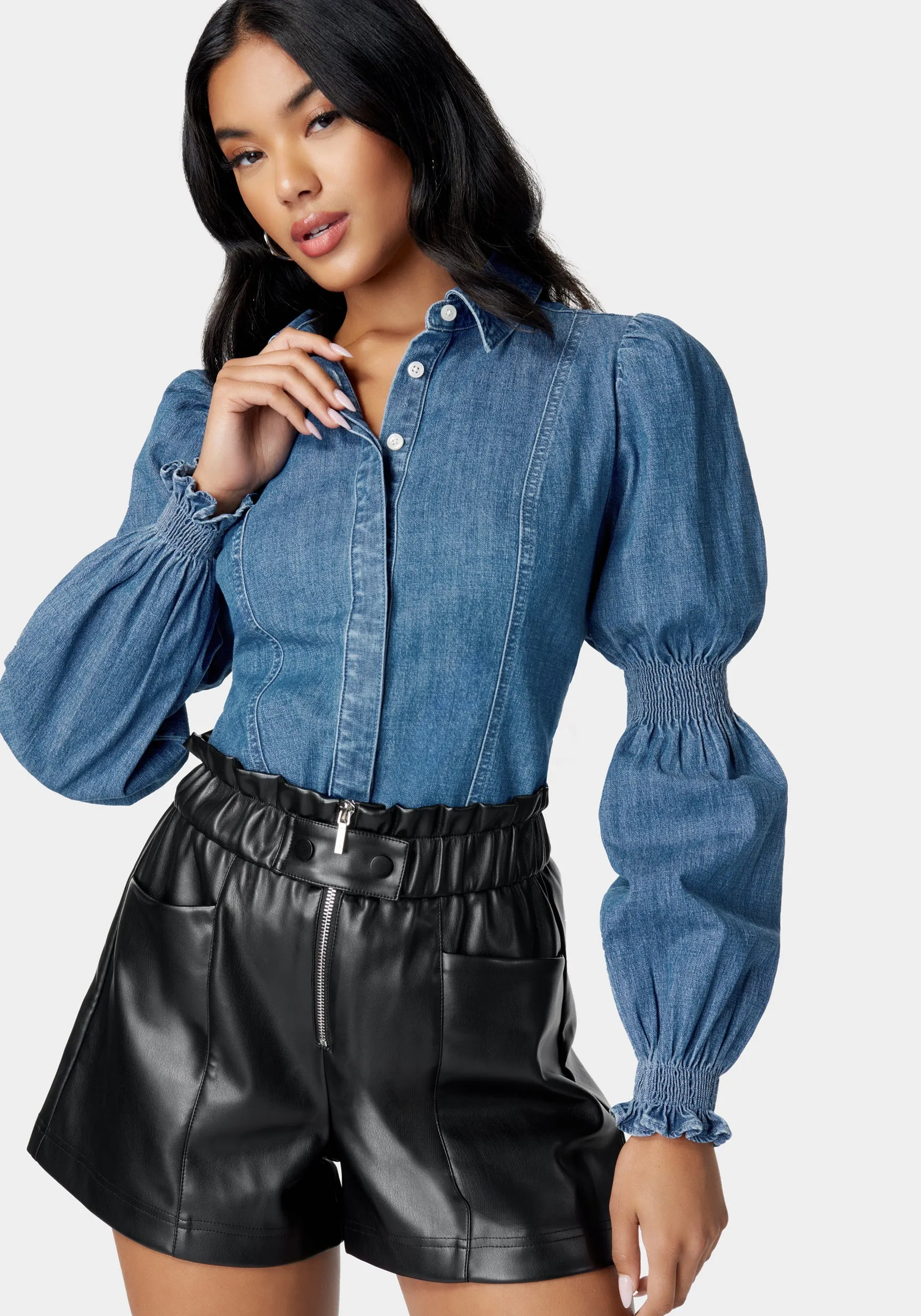 Long Sleeve Smocking Detail Denim Blouse