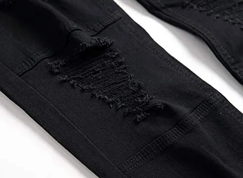 LONGBIDA Mens Skinny Holes Ripped Straight Hip Hop Biker Stretchy Jeans（Black,32）
