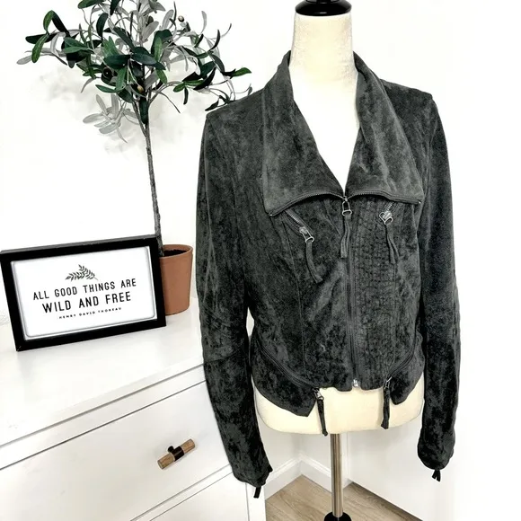 Lulu's Vegan Suede  Green Gray Moto Jacket Size Large