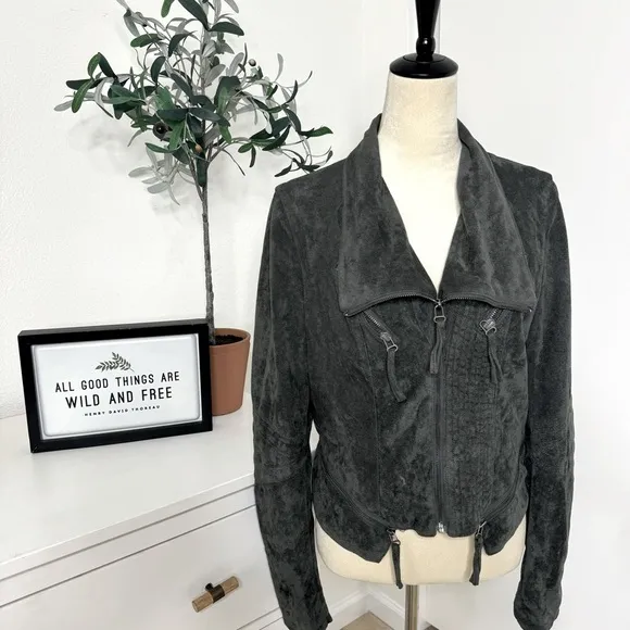 Lulu's Vegan Suede  Green Gray Moto Jacket Size Large