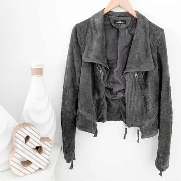 Lulu's Vegan Suede  Green Gray Moto Jacket Size Large