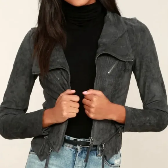 Lulu's Vegan Suede  Green Gray Moto Jacket Size Large