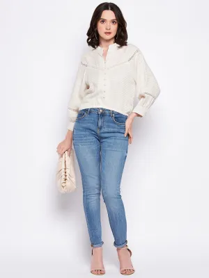 Madame Beige Lace Detailing Puff Sleeve Top