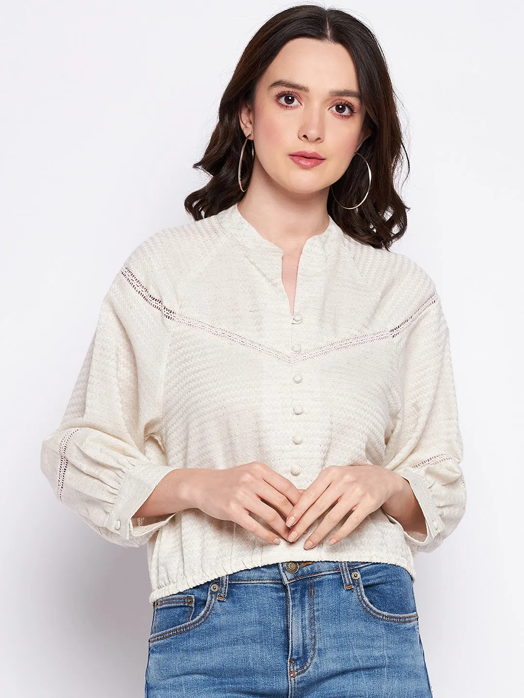 Madame Beige Lace Detailing Puff Sleeve Top