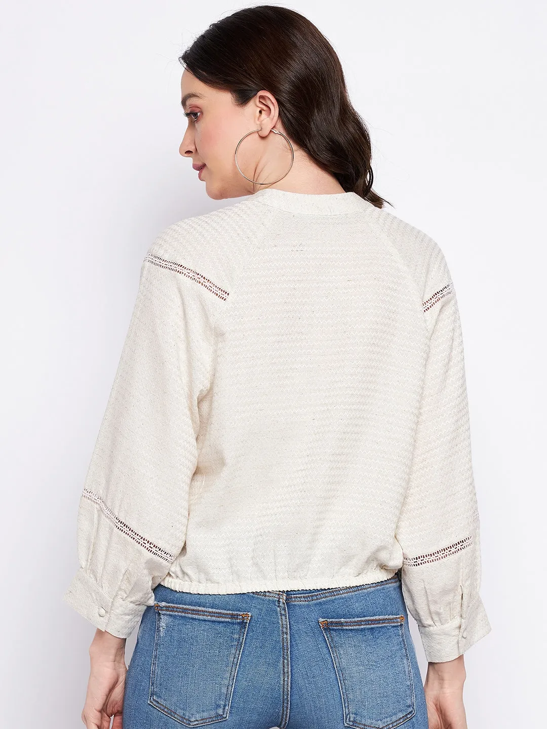 Madame Beige Lace Detailing Puff Sleeve Top