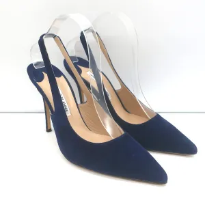 Manolo Blahnik Allura 105 Slingback Pumps Navy Suede Size 39.5 Pointed Toe Heels