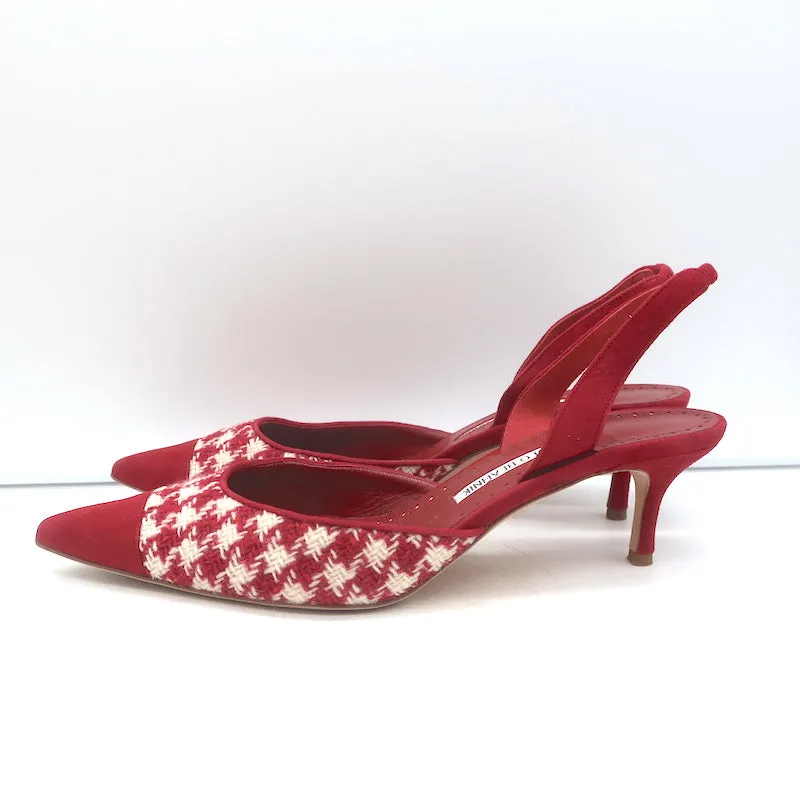 Manolo Blahnik Carolyne 50 Houndstooth Tweed Slingback Pumps Red Suede Size 41