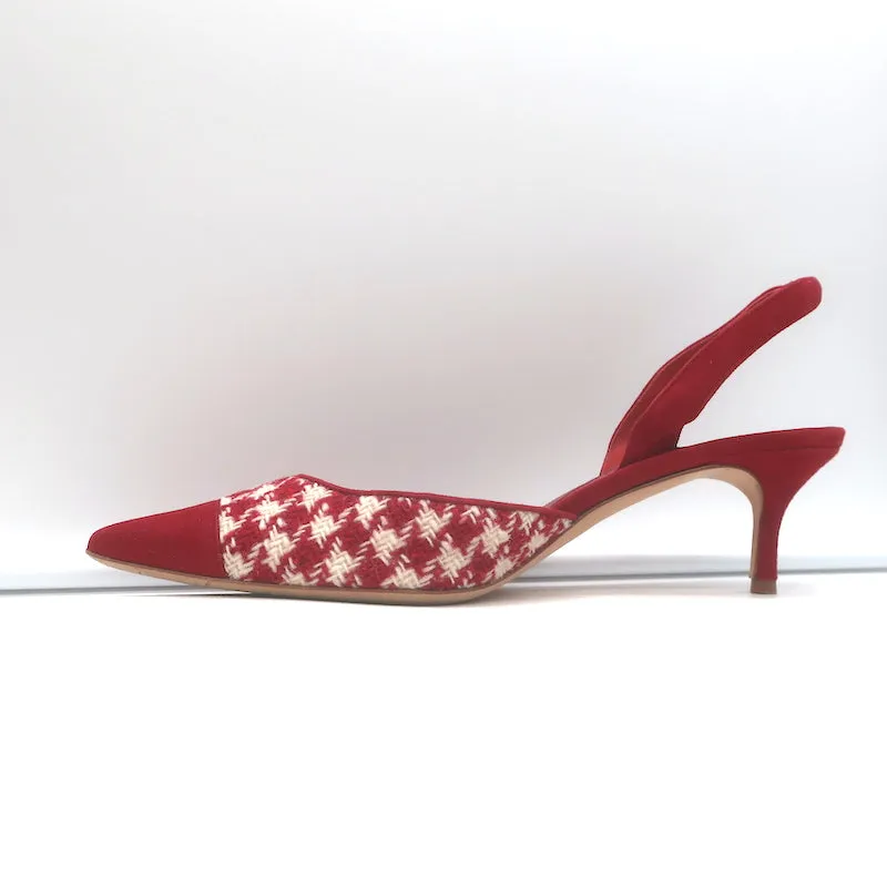 Manolo Blahnik Carolyne 50 Houndstooth Tweed Slingback Pumps Red Suede Size 41