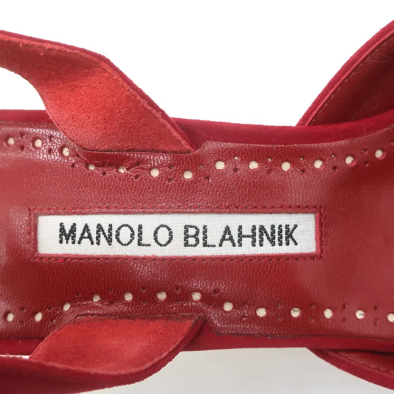 Manolo Blahnik Carolyne 50 Houndstooth Tweed Slingback Pumps Red Suede Size 41