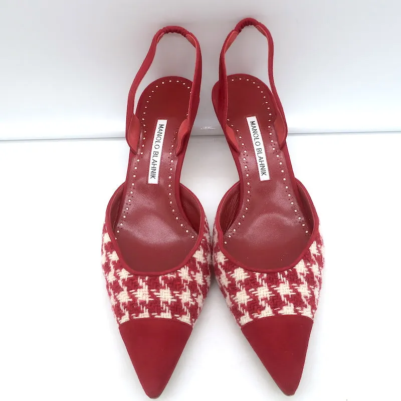 Manolo Blahnik Carolyne 50 Houndstooth Tweed Slingback Pumps Red Suede Size 41
