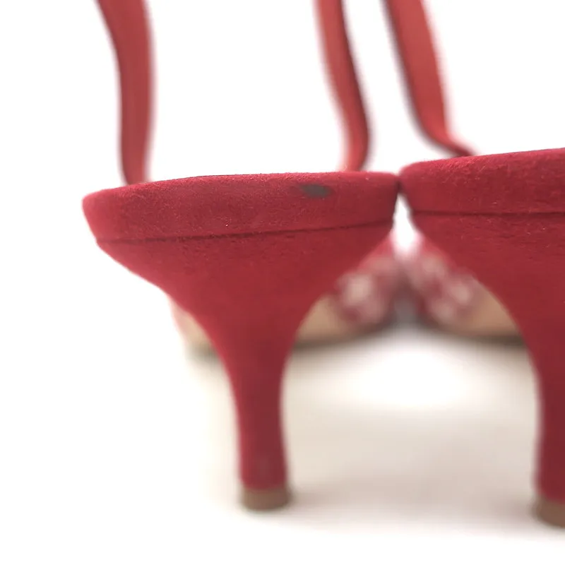 Manolo Blahnik Carolyne 50 Houndstooth Tweed Slingback Pumps Red Suede Size 41