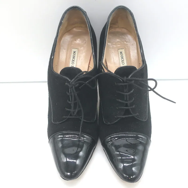 Manolo Blahnik Lace-Up Oxford Pumps Black Patent Leather & Suede Size 40