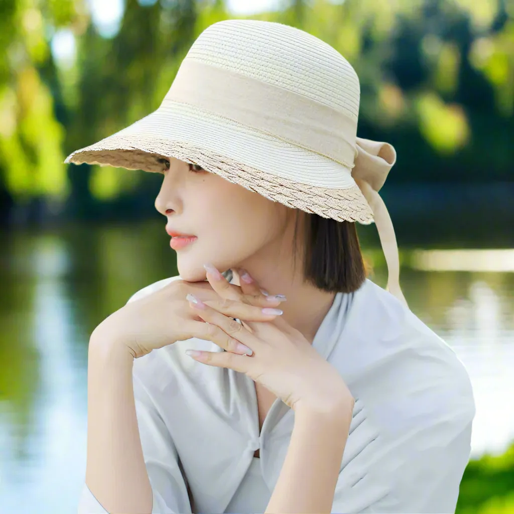 Medium Brim UV French Bow Straw Hat