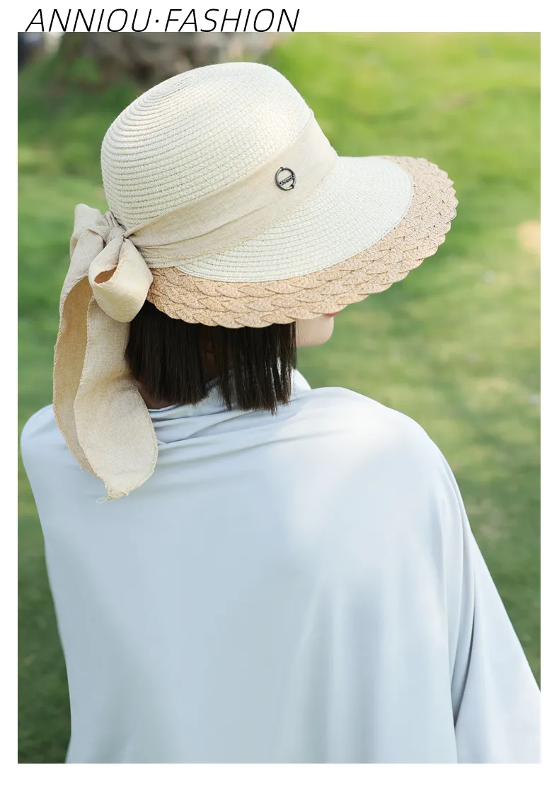 Medium Brim UV French Bow Straw Hat