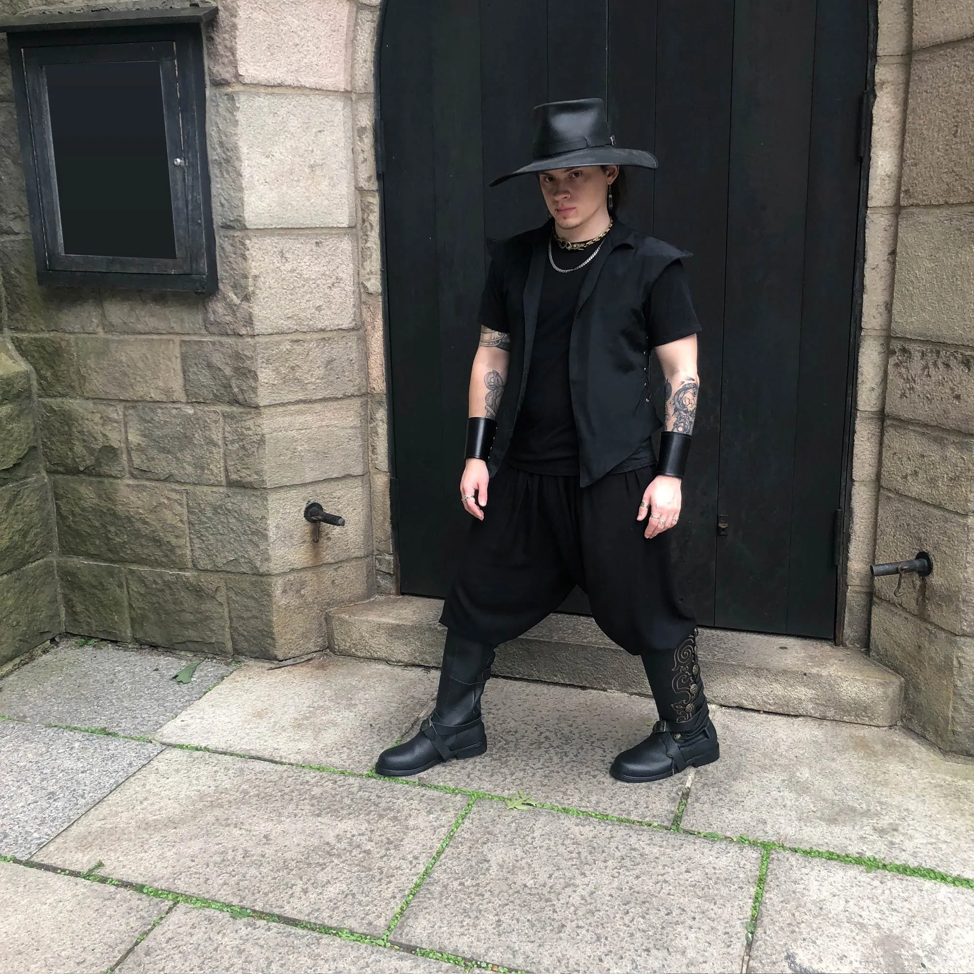 Men’s Black Leather Nobleman's Boots with Black Embroidery and Removable Straps