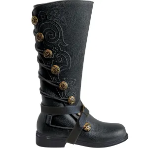 Men’s Black Leather Nobleman's Boots with Black Embroidery and Removable Straps