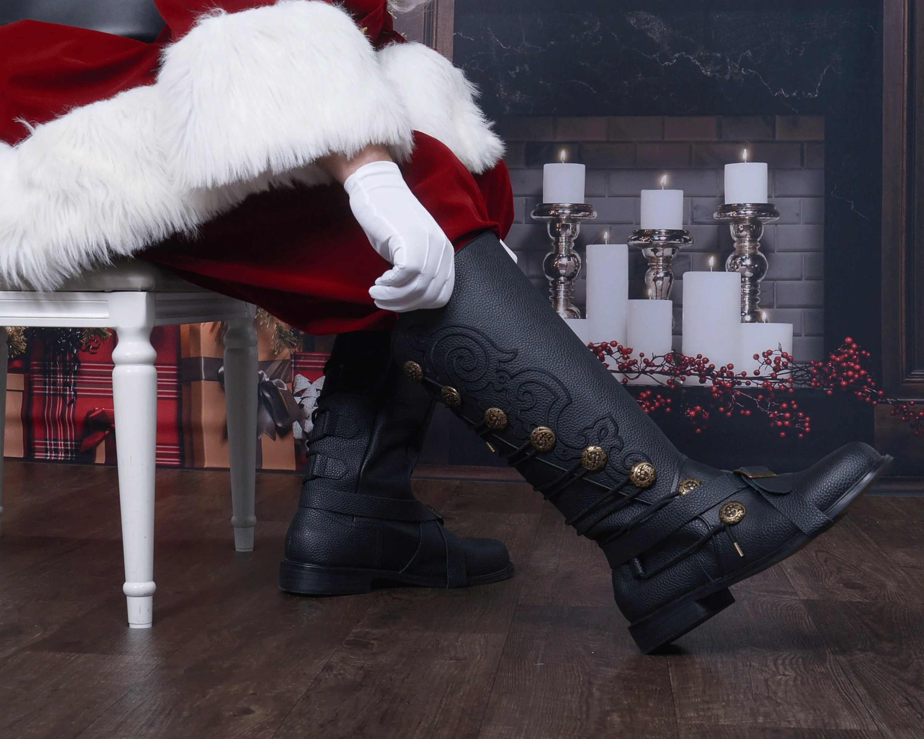 Men’s Black Leather Nobleman's Boots with Black Embroidery and Removable Straps