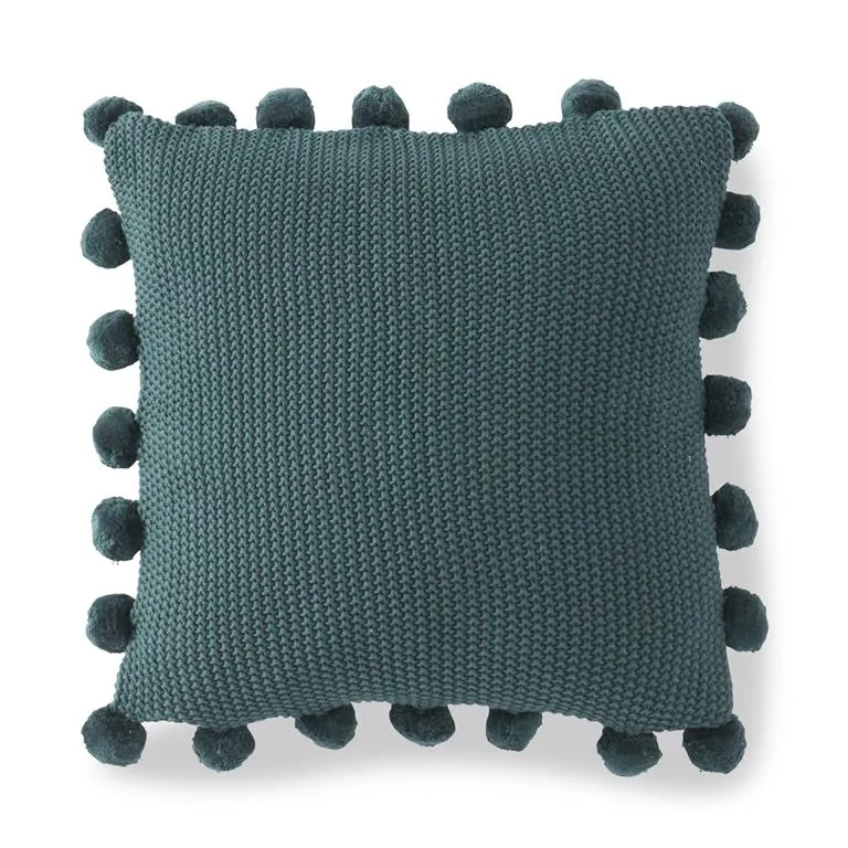Moss Stitch Knit Pillow w/Pompom Trim