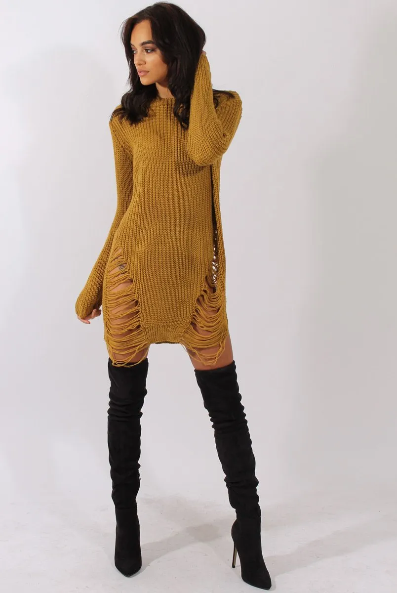 Mustard Distressed Jumper Dress - Kim