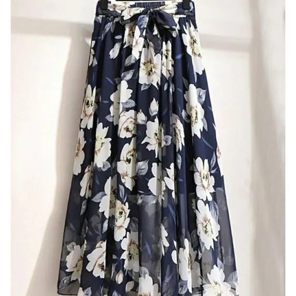 Navy Floral Tie-Waist Sheer Layer Skirt