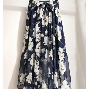 Navy Floral Tie-Waist Sheer Layer Skirt